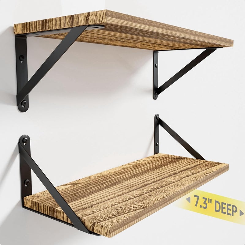 COCOYA Wall Shelves 7.3" Deep Set of 2, Solid Paulownia Wood Wider Longer Sturdy Easy to Install Wall Mounted Bookshelves Storage Shelves Bathroom Home Office Laundry Room Bedroom Organizer - Image 1